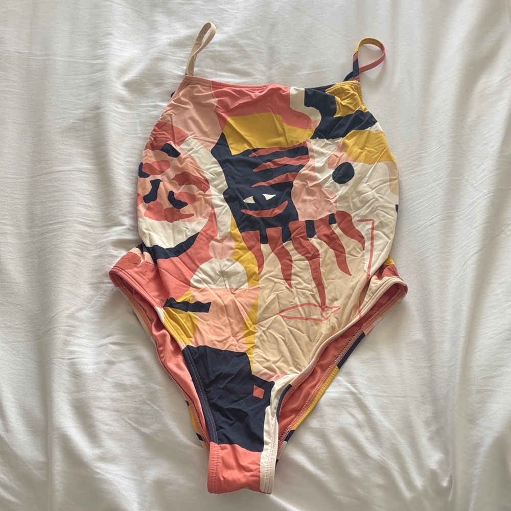 Billabong Abstract Print One-Piece Swimsuit in Coral, Navy & Yellow
